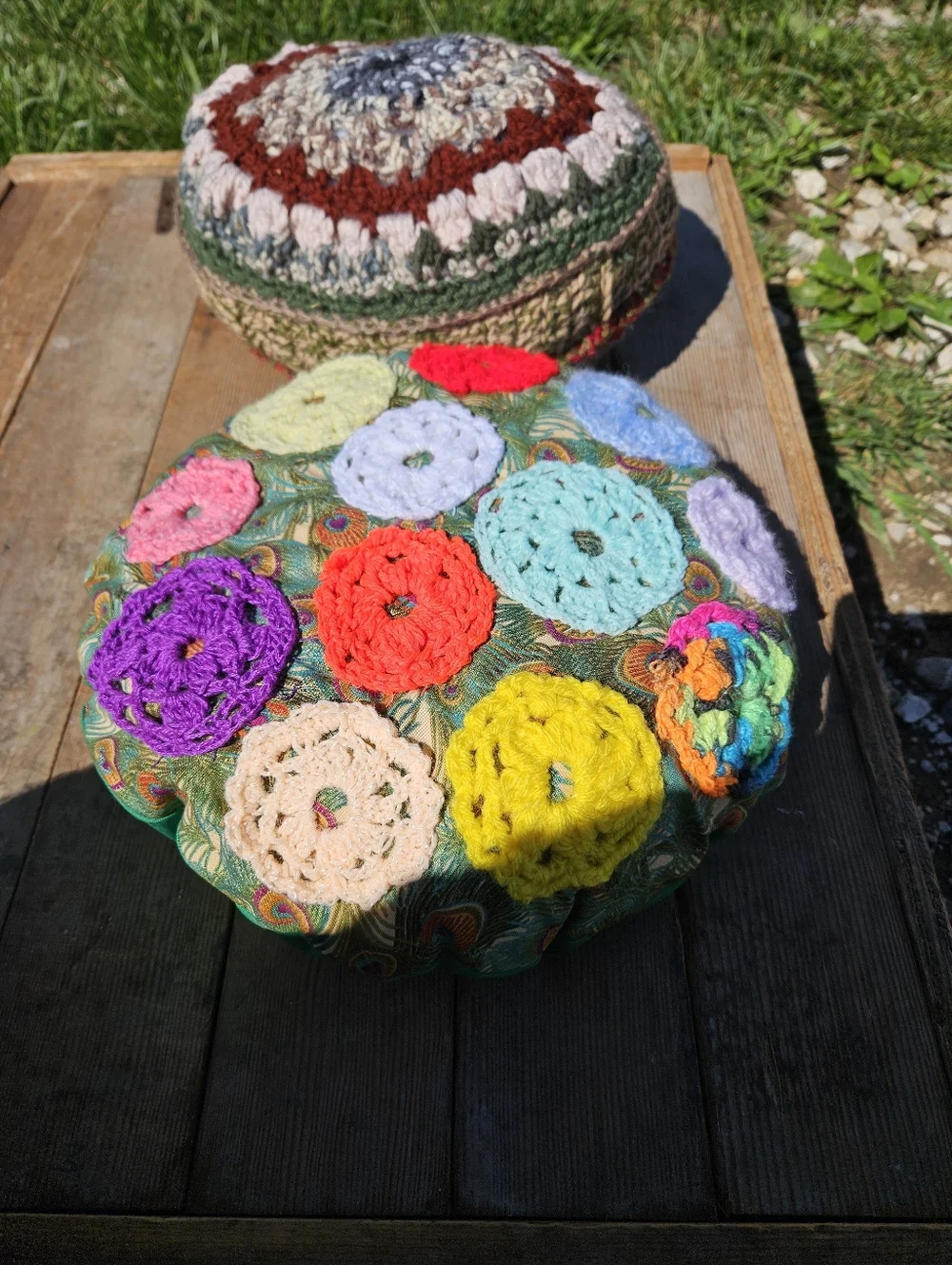 Vintage 70s Style Hand Crochet Round Boho Mandala Accent Throw Pillows Set of 2